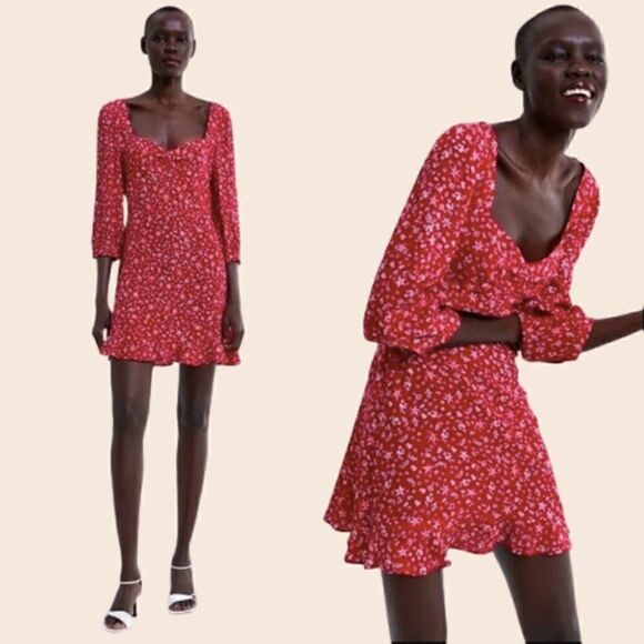 Zara Red & White Ditsy Floral Print Ruffle Mini Dress Size Small - Picture 1 of 13